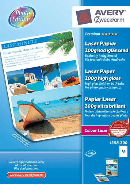 PAQUETE 200 HOJAS PAPEL A4 FOTOGRAFICO GLOSSY ULTRA BRILLANTE 200G PARA LASER COLOR AVERY 1398-200 1 PAQUETE 200 HOJAS PAPEL A4 FOTOGRAFICO GLOSSY ULTRA BRILLANTE 200G PARA LASER COLOR AVERY 1398-200