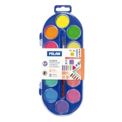 ESTUCHE 12 PASTILLAS ACUARELAS FLUO Y METAL 30MM CON PINCEL MILAN 531512