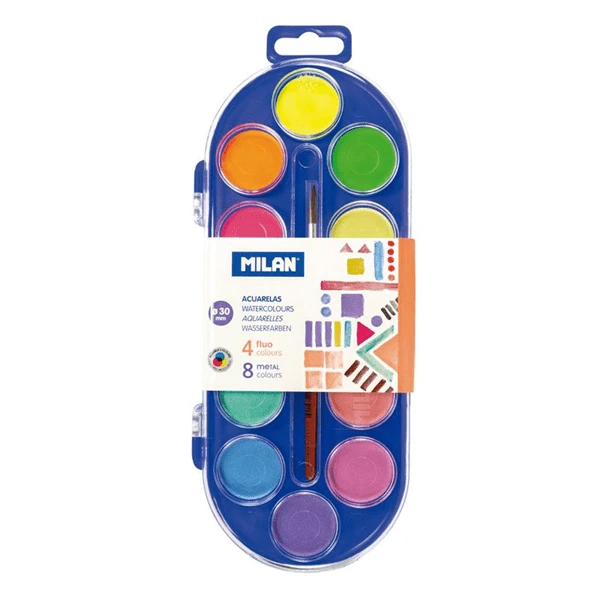 ESTUCHE 12 PASTILLAS ACUARELAS FLUO Y METAL 30MM CON PINCEL MILAN 531512 1 ESTUCHE 12 PASTILLAS ACUARELAS FLUO Y METAL 30MM CON PINCEL MILAN 531512