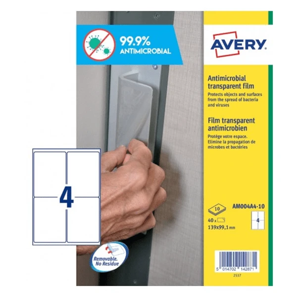 CAJA DE 10 HOJAS 4 ETIQUETAS X HOJA ADHESIVAS ANTIBACTERIANAS Y ANTIMICROBIANAS POLIESTER TRANSPARENTE 139X99.1MM AVERY AM004A4 1 CAJA DE 10 HOJAS 4 ETIQUETAS X HOJA ADHESIVAS ANTIBACTERIANAS Y ANTIMICROBIANAS POLIESTER TRANSPARENTE 139X99.1MM AVERY AM004A4
