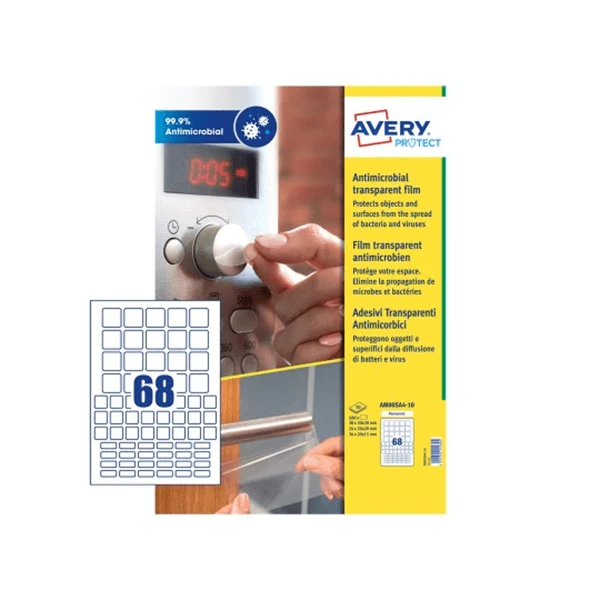 CAJA DE 10 HOJAS 68 ETIQUETAS X HOJA ADHESIVAS ANTIBACTERIANAS Y ANTIMICROBIANAS POLIESTER TRANSPARENTE CUADRADAS MIXTAS. 3X3MM. 2X2MM. 2X1.5MM.AVERY AM00SA4 1 CAJA DE 10 HOJAS 68 ETIQUETAS X HOJA ADHESIVAS ANTIBACTERIANAS Y ANTIMICROBIANAS POLIESTER TRANSPARENTE CUADRADAS MIXTAS. 3X3MM. 2X2MM. 2X1.5MM.AVERY AM00SA4