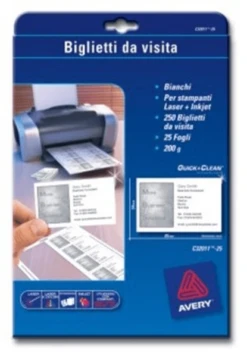 PAQUETE 25 HOJAS TARJETAS DE VISITA BLANCAS 200G QUICK CLEAN-ECOLOGICAS-IMPRESORAS LASER-85X54 MM AVERY C32011-25