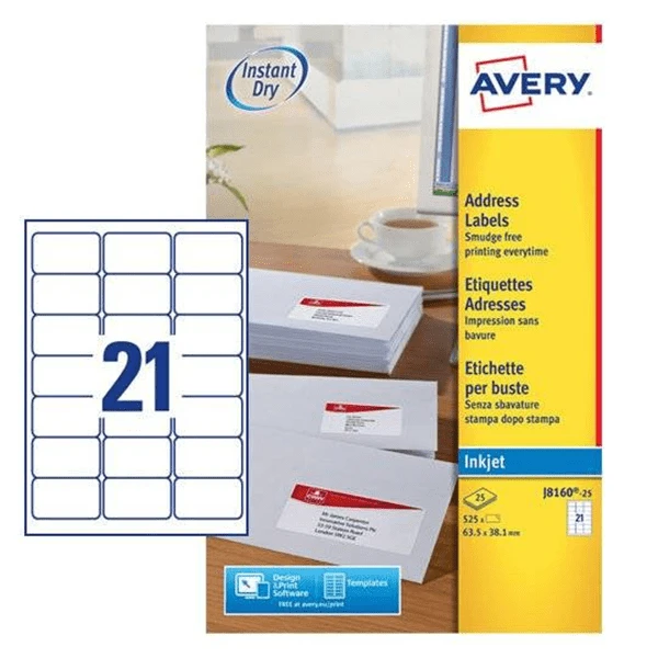 PAQUETE 25 HOJAS ETIQUETAS BLANCAS QUICK DRY-IMPRESORAS DE INYECCION DE TINTA-63.5X38.1 MM AVERY J8160-25 1 PAQUETE 25 HOJAS ETIQUETAS BLANCAS QUICK DRY-IMPRESORAS DE INYECCION DE TINTA-63.5X38.1 MM AVERY J8160-25