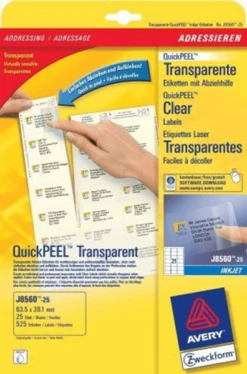 PAQUETE 25 HOJAS ETIQUETAS TRANSPARENTES QUICKPEEL-IMPRESORAS DE INYECCION DE TINTA-63.5X38.1 MM AVERY J8560-25