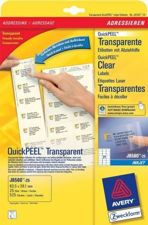 PAQUETE 25 HOJAS ETIQUETAS TRANSPARENTES QUICKPEEL-IMPRESORAS DE INYECCION DE TINTA-63.5X38.1 MM AVERY J8560-25 2 PAQUETE 25 HOJAS ETIQUETAS TRANSPARENTES QUICKPEEL-IMPRESORAS DE INYECCION DE TINTA-63.5X38.1 MM AVERY J8560-25 - Imagen 2