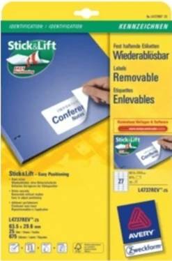 PAQUETE 25 HOJAS ETIQUETAS DESPEGABLES ECOLOGICAS. CERTIFICADAS FSC-IMPRESORAS LASER-63.5X29.6 MM AVERY L4737REV-25