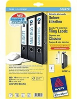 PAQUETE 25 HOJAS ETIQUETAS BLANCAS PARA ARCHIVADORES CON DORSO FINO-IMPRESORAS LASER-192X38 MM AVERY L4760-25