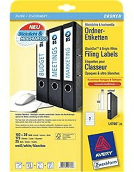 PAQUETE 25 HOJAS ETIQUETAS BLANCAS PARA ARCHIVADORES CON DORSO FINO-IMPRESORAS LASER-192X38 MM AVERY L4760-25 1 PAQUETE 25 HOJAS ETIQUETAS BLANCAS PARA ARCHIVADORES CON DORSO FINO-IMPRESORAS LASER-192X38 MM AVERY L4760-25