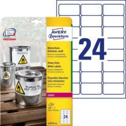 PAQUETE 20 HOJAS ETIQUETAS DE POLIESTER BLANCO-IMPRESORAS LASER-63.5X33.9 MM AVERY L4773-20