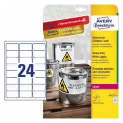 PAQUETE 8 HOJAS ETIQUETAS DE POLIESTER BLANCO PARA IMPRESORAS LASER 63.5X33.9 MM AVERY L4773-8