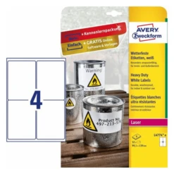 PAQUETE 8 HOJAS ETIQUETAS DE POLIESTER BLANCO PARA IMPRESORAS LASER 99.1X139 MM AVERY L4774-8