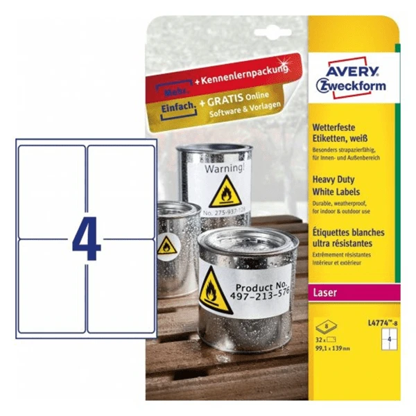 PAQUETE 8 HOJAS ETIQUETAS DE POLIESTER BLANCO PARA IMPRESORAS LASER 99.1X139 MM AVERY L4774-8 1 PAQUETE 8 HOJAS ETIQUETAS DE POLIESTER BLANCO PARA IMPRESORAS LASER 99.1X139 MM AVERY L4774-8