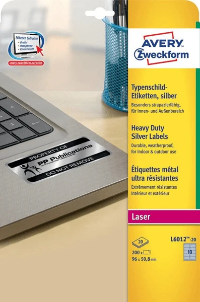 PAQUETE 20 HOJAS ETIQUETAS PLATEADAS DE POLIESTER-IMPRESORAS LASER-96X50.8 MM AVERY L6012-20 1 PAQUETE 20 HOJAS ETIQUETAS PLATEADAS DE POLIESTER-IMPRESORAS LASER-96X50.8 MM AVERY L6012-20