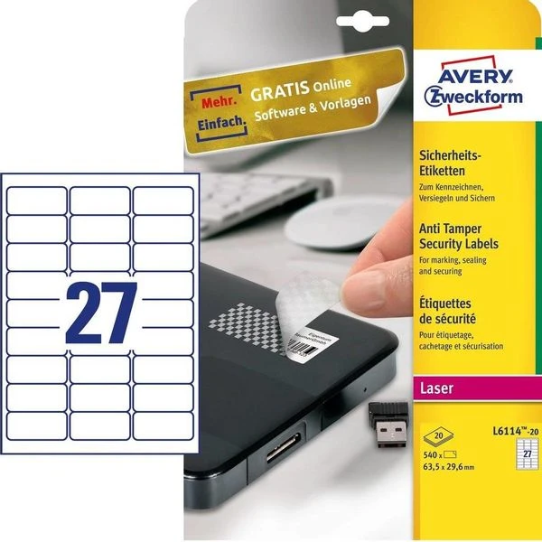 PAQUETE 20 HOJAS ETIQUETAS BLANCAS ANTI-MANIPULACION-IMPRESORAS LASER-63.5X29.6 MM AVERY L6114-20 3 PAQUETE 20 HOJAS ETIQUETAS BLANCAS ANTI-MANIPULACION-IMPRESORAS LASER-63.5X29.6 MM AVERY L6114-20 - Imagen 3