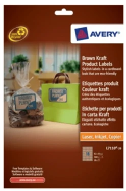 PAQUETE 20 HOJAS ETIQUETAS PARA PRODUCTOS EN PAPEL KRAFT. EFECTO CARTON-IMPRESORAS LASER INYECCION DE TINTA-RECTANGULARES-62X42 MM AVERY L7110-20