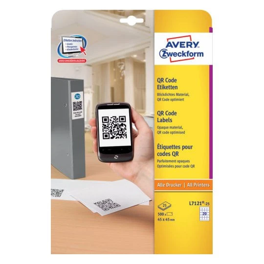 CAJA DE 25 HOJAS ETIQUETAS ADHESIVAS CUBRIENTE PARA CODIGO QR. 45X45MM AVERY L7121-25 2 CAJA DE 25 HOJAS ETIQUETAS ADHESIVAS CUBRIENTE PARA CODIGO QR. 45X45MM AVERY L7121-25 - Imagen 2