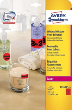 PAQUETE 25 HOJAS ETIQUETAS FLUORESCENTES DESPEGABLES-ROJAS-IMPRESORAS LASER-99.1X38.1 MM AVERY L7263R-25