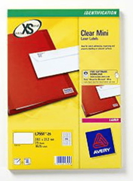 PAQUETE 25 HOJAS MINI ETIQUETAS TRANSPARENTES-IMPRESORAS LASER-38.1X21.2 MM AVERY L7551-25 1 PAQUETE 25 HOJAS MINI ETIQUETAS TRANSPARENTES-IMPRESORAS LASER-38.1X21.2 MM AVERY L7551-25