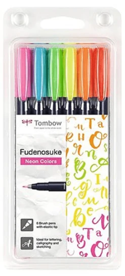 ESTUCHE 6 ROTULADORES FUDENOSUKE BASE AGUA PUNTA ELASTICA DURA. COLORES NEON 1 U. X COLOR. TOMBOW WS-BH-6P